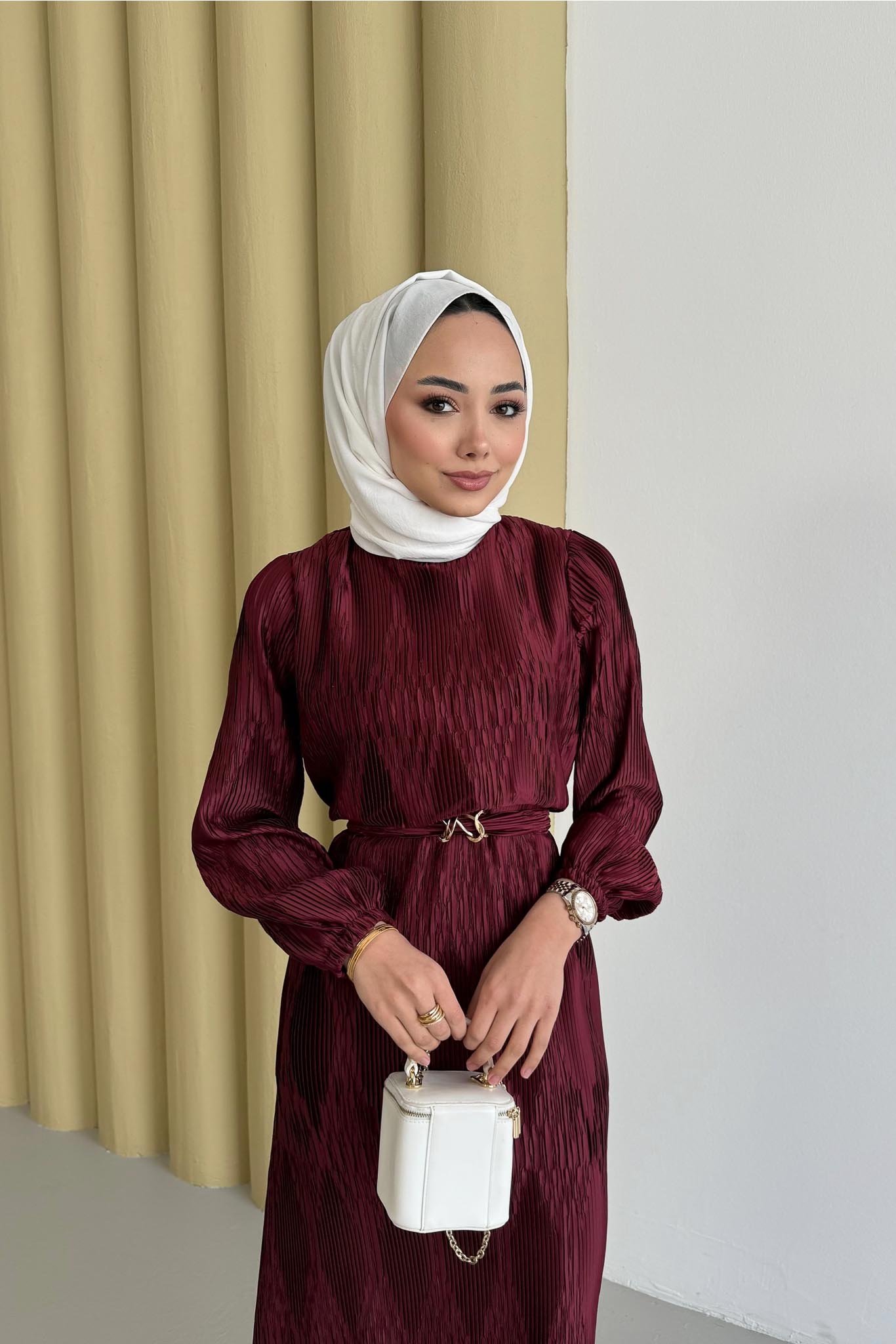 Petek Desenli Elbise Mürdüm