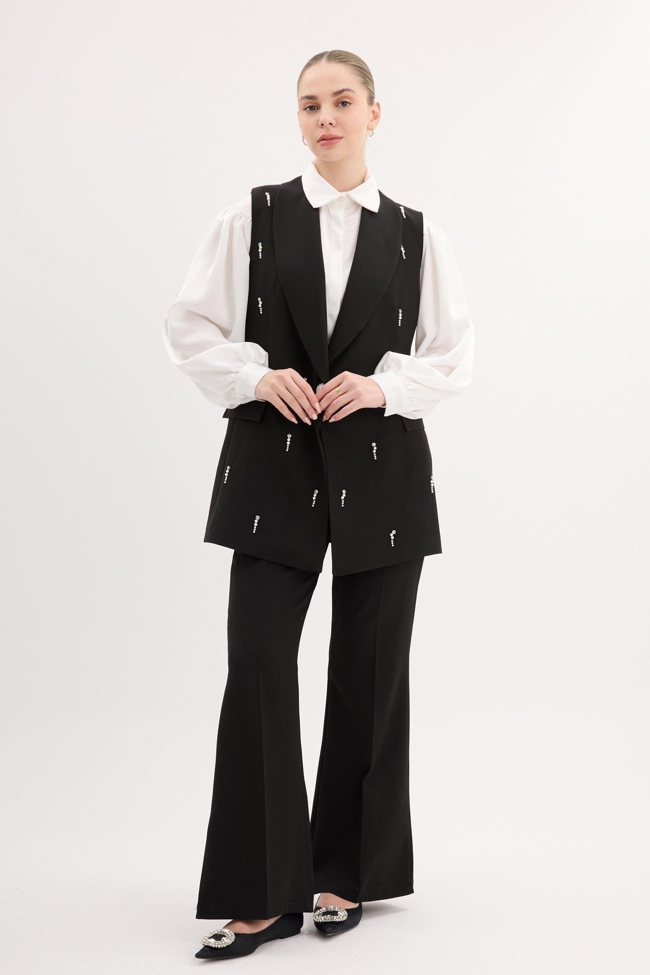 Royal Taş Detaylı Astarlı Takım - Siyah