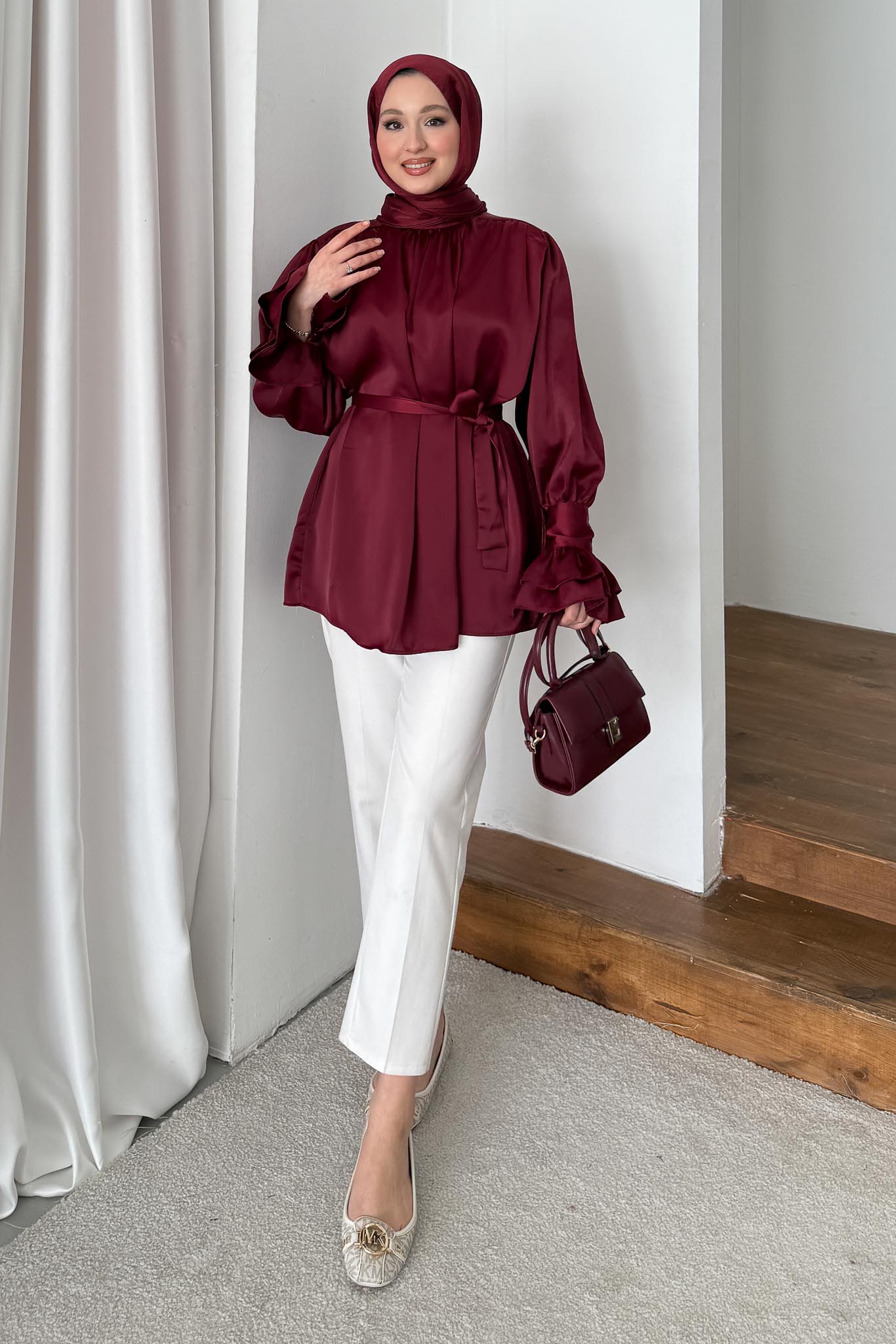 İpek Kol Detaylı Gömlek Bordo