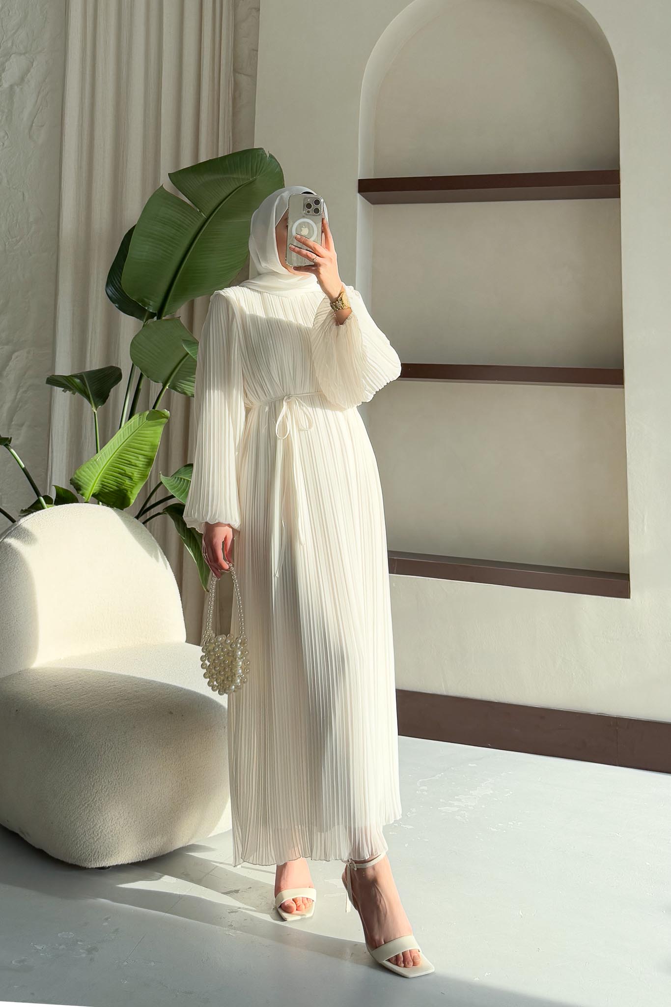 Seyran Piliseli Elbise Ekru