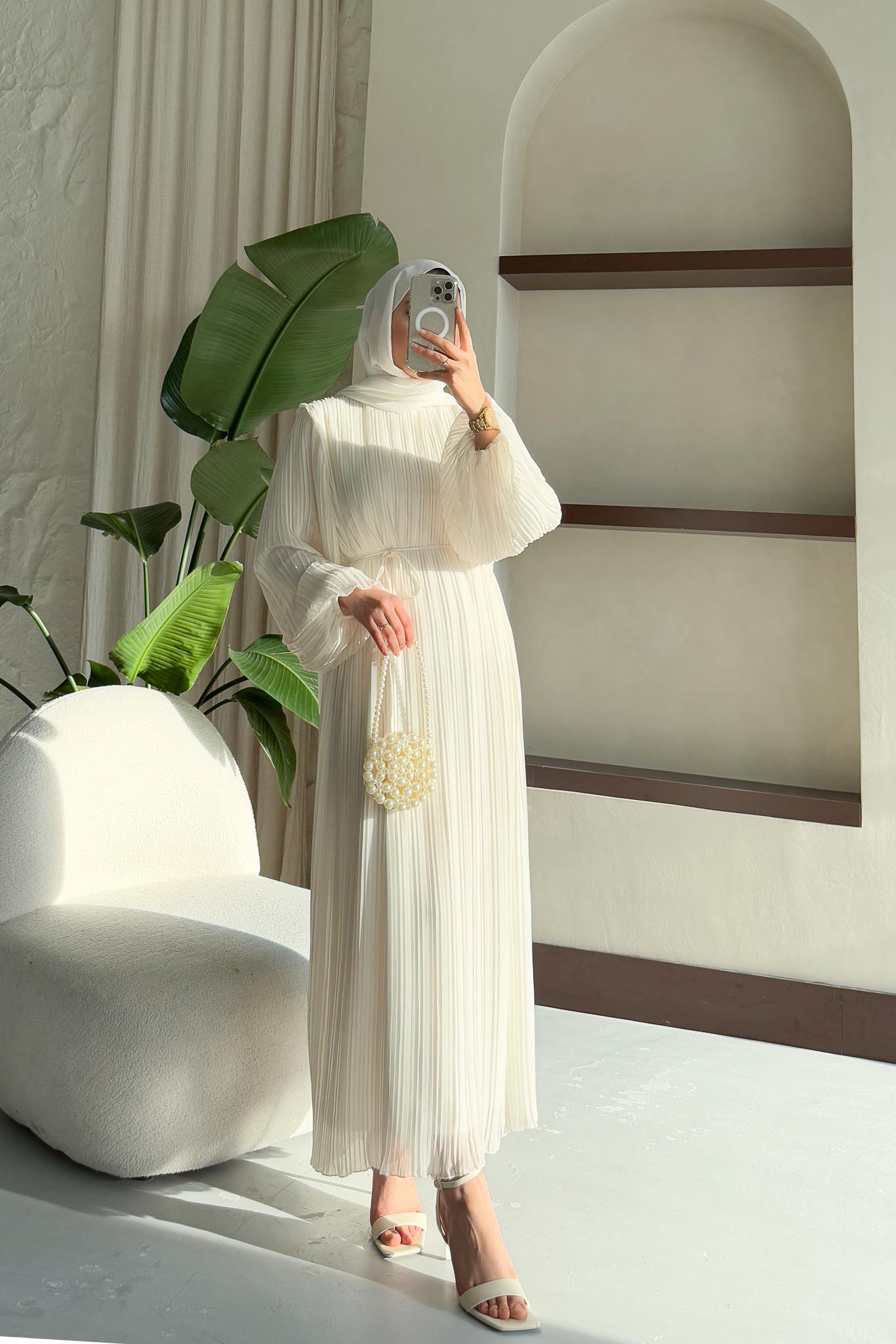 Seyran Piliseli Elbise Ekru