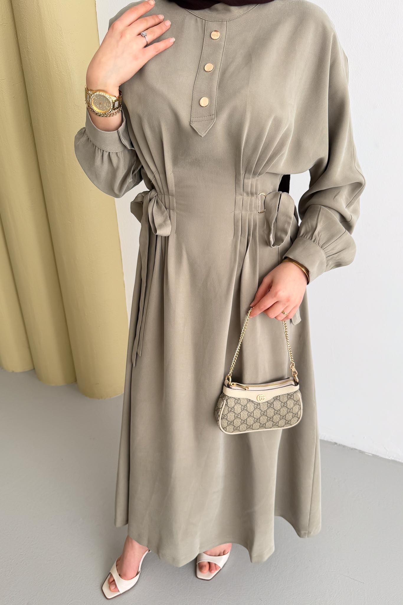 Nervür Detaylı Elbise Su Yeşili