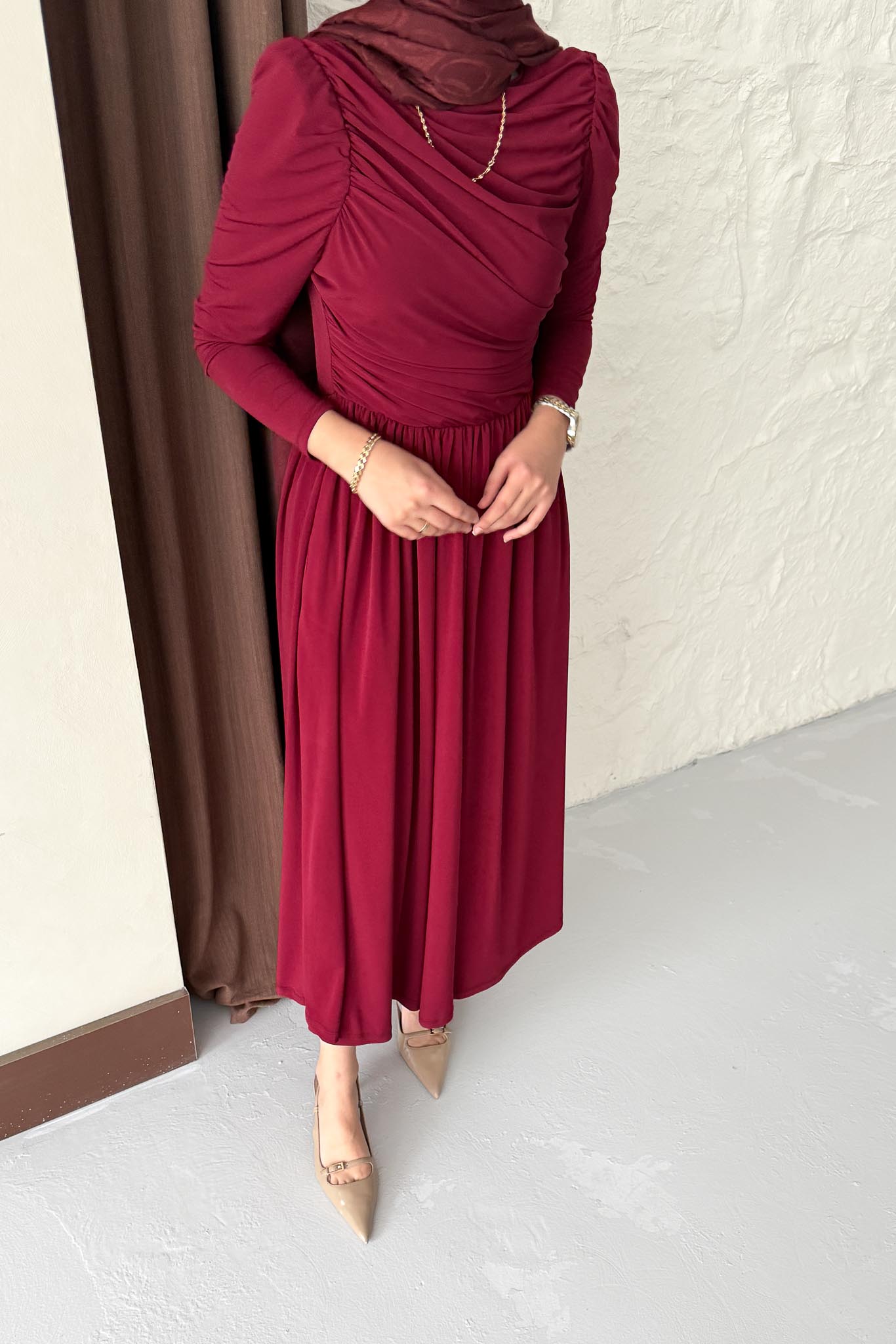 Drapeli Sandy Elbise Bordo