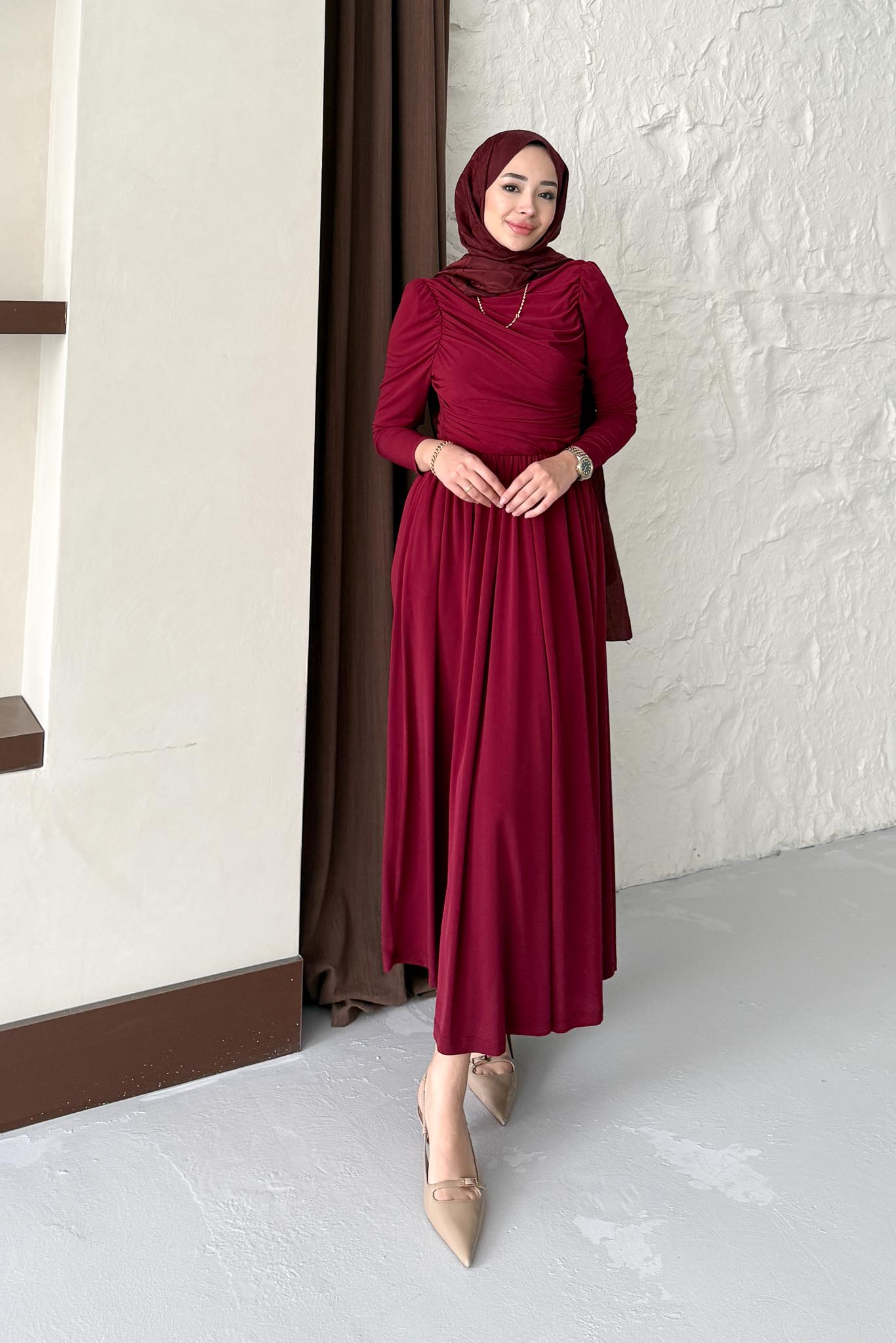 Drapeli Sandy Elbise Bordo