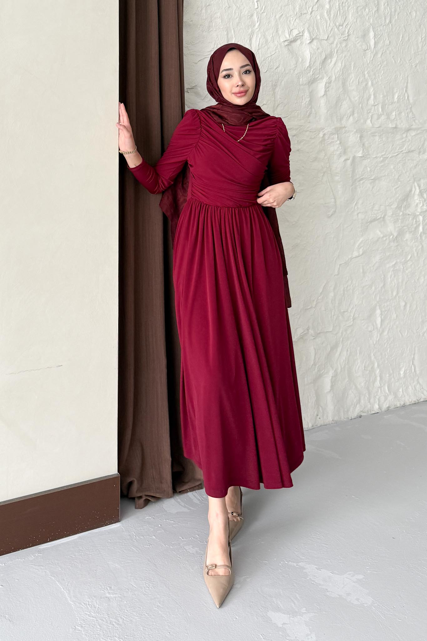 Drapeli Sandy Elbise Bordo
