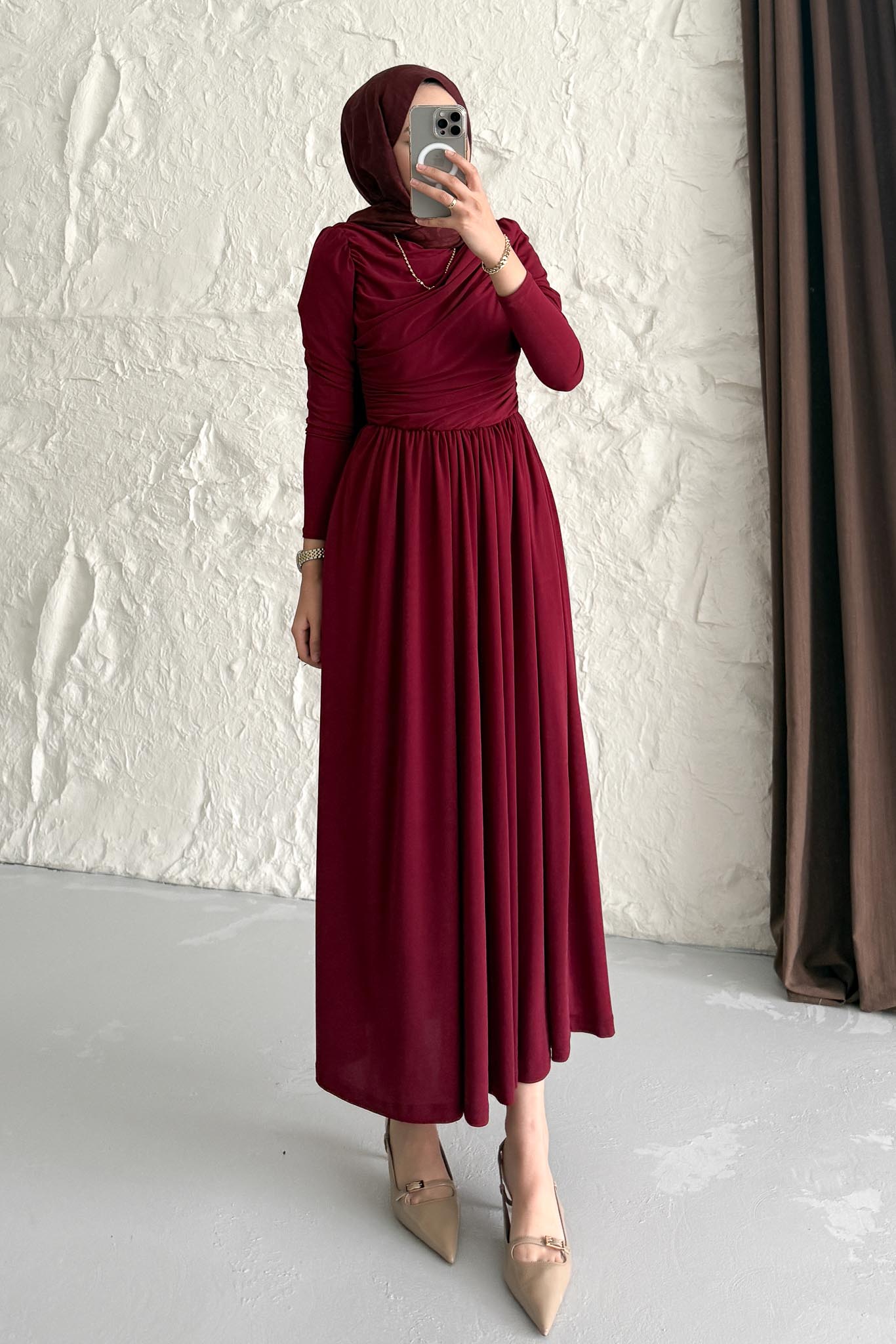 Drapeli Sandy Elbise Bordo