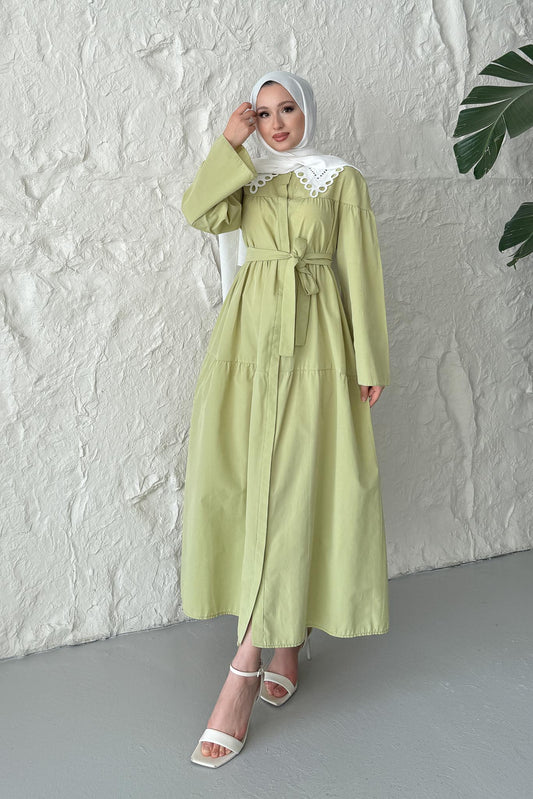 Yakası Güpürlü Elbise Yağ Yeşili