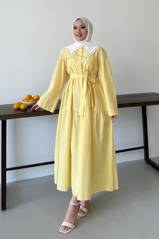 Yakası Güpürlü Elbise Sarı