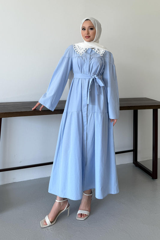 Yakası Güpürlü Elbise Bebe Mavi