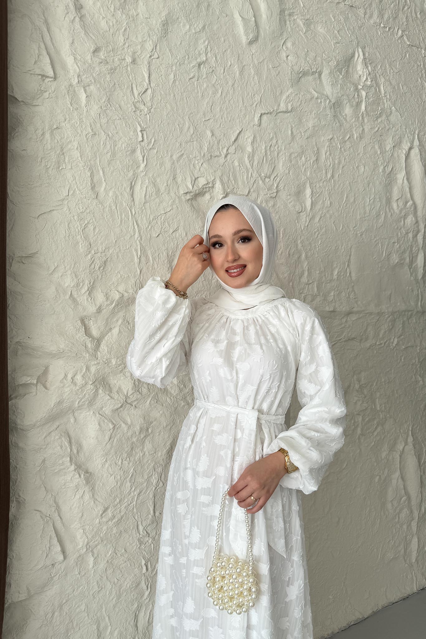 Layer Yaprak Desen Elbise Beyaz