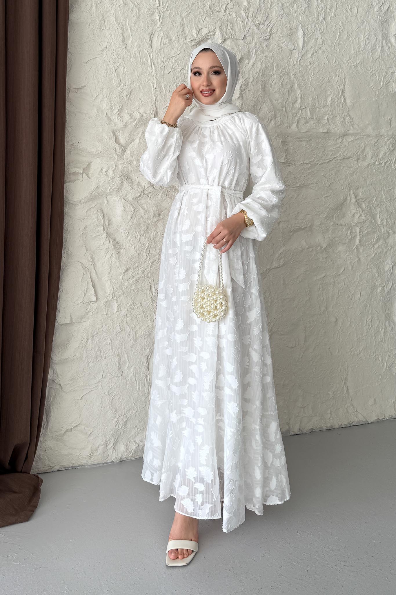 Layer Yaprak Desen Elbise Beyaz