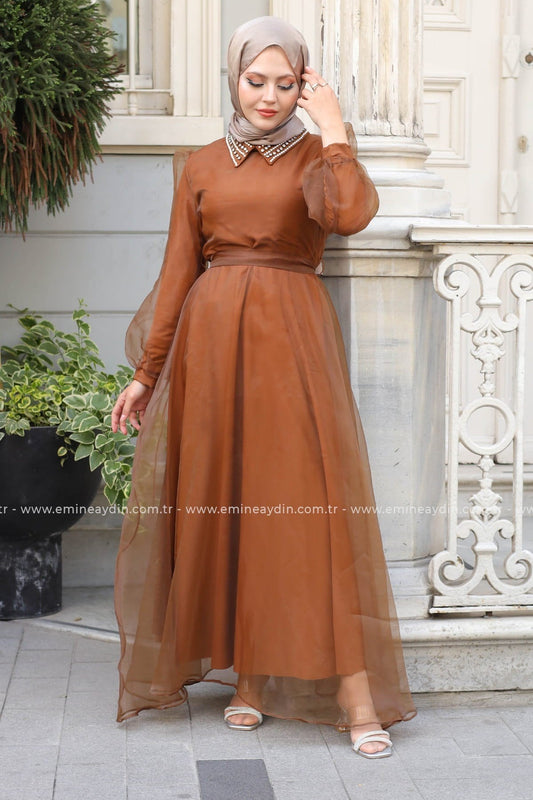 Taşlı Organze Elbise Bakır