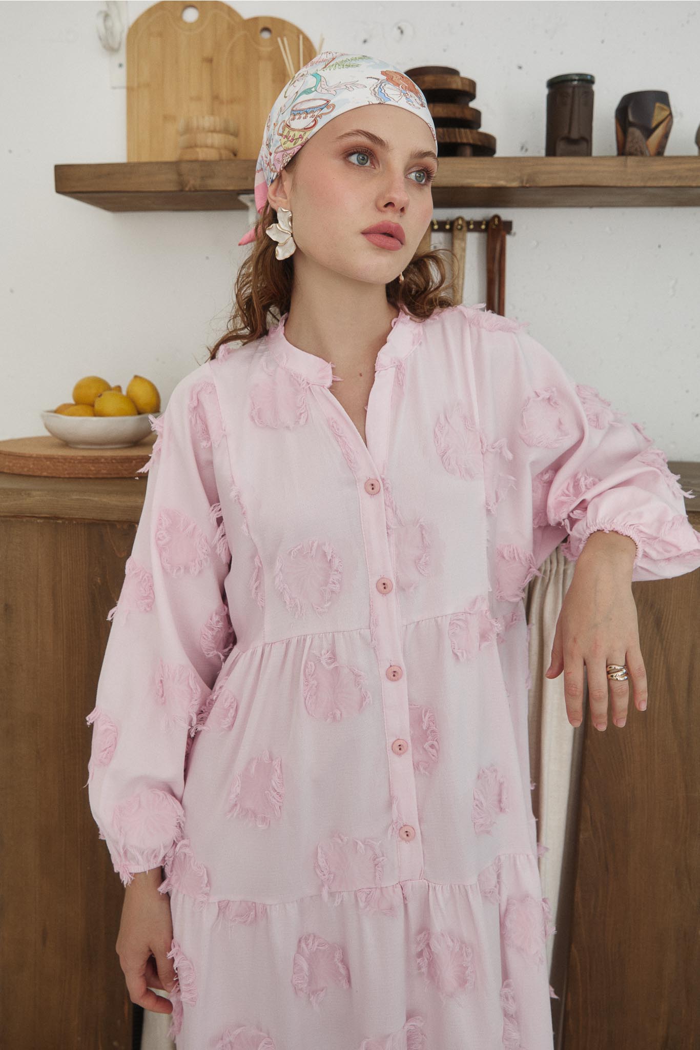 Kesme Keten Elbise Pembe