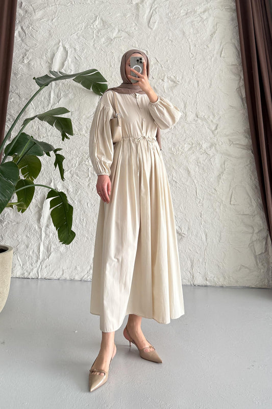 Mendy Pile Detaylı Elbise Bej