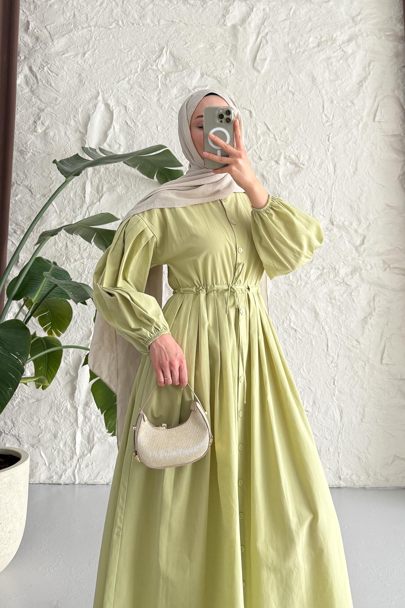 Mendy Pile Detaylı Elbise Yağ Yeşili