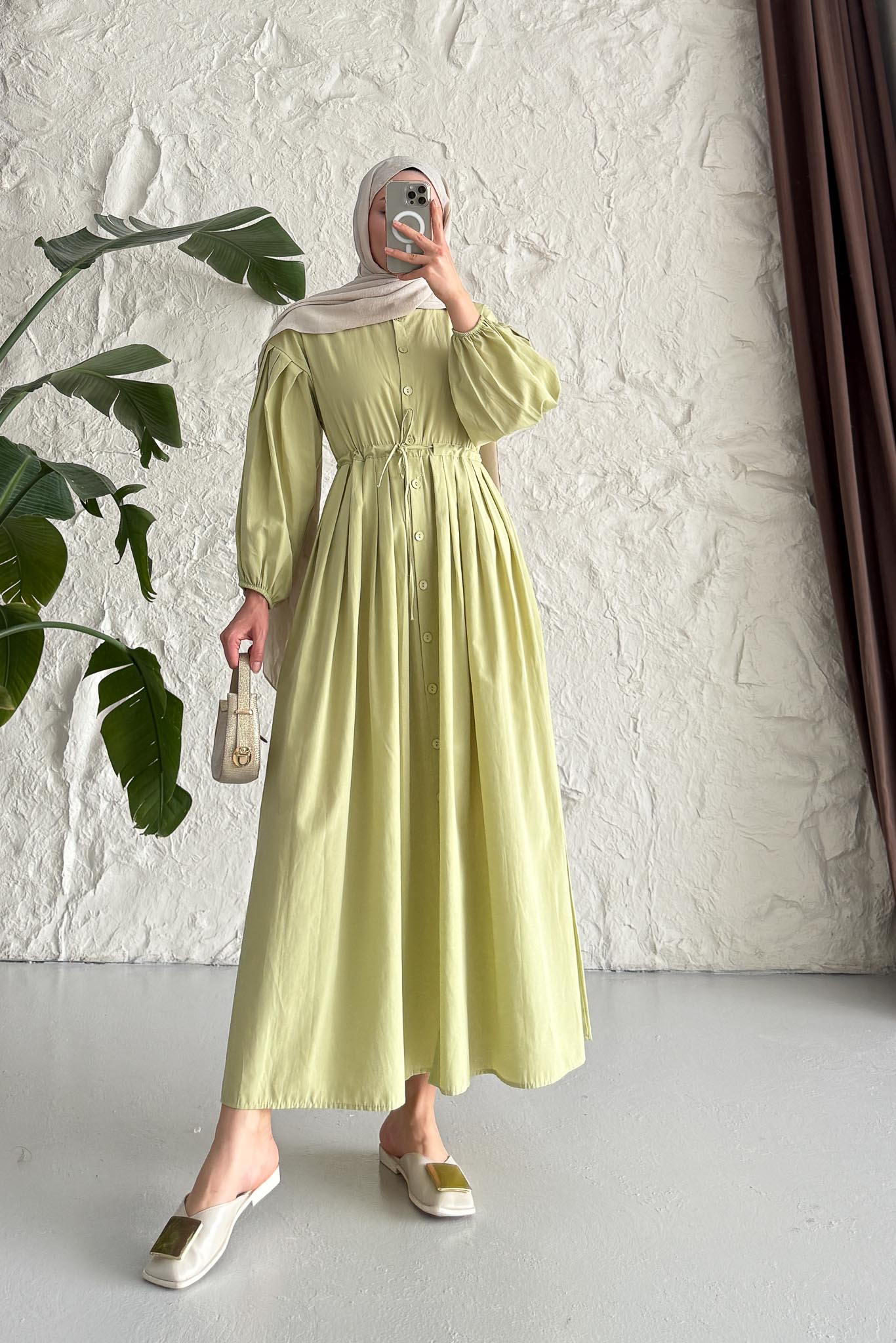 Mendy Pile Detaylı Elbise Yağ Yeşili