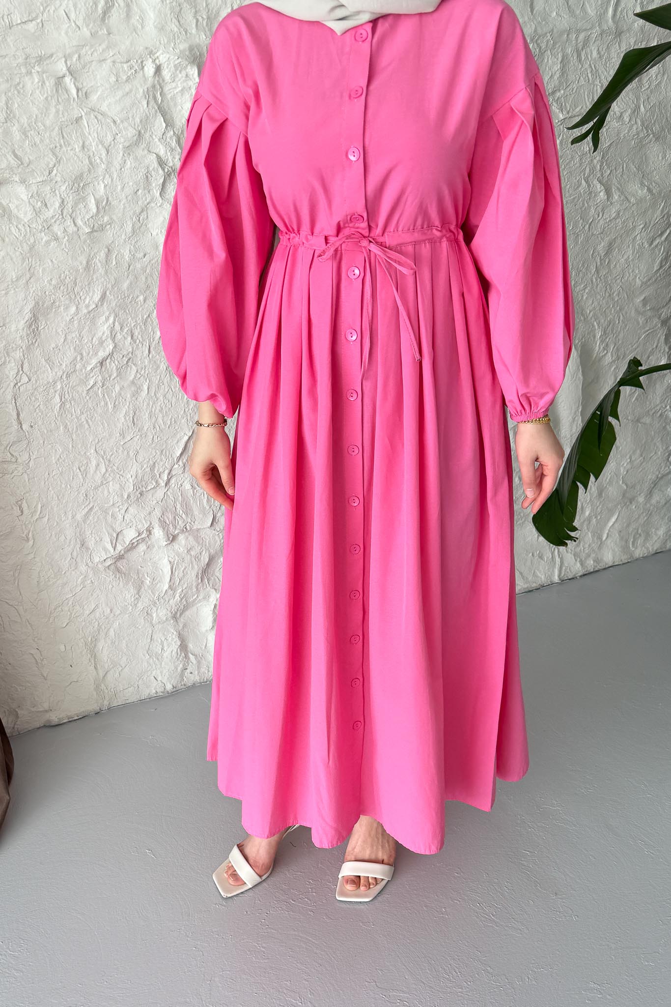 Mendy Pile Detaylı Elbise Fuşya