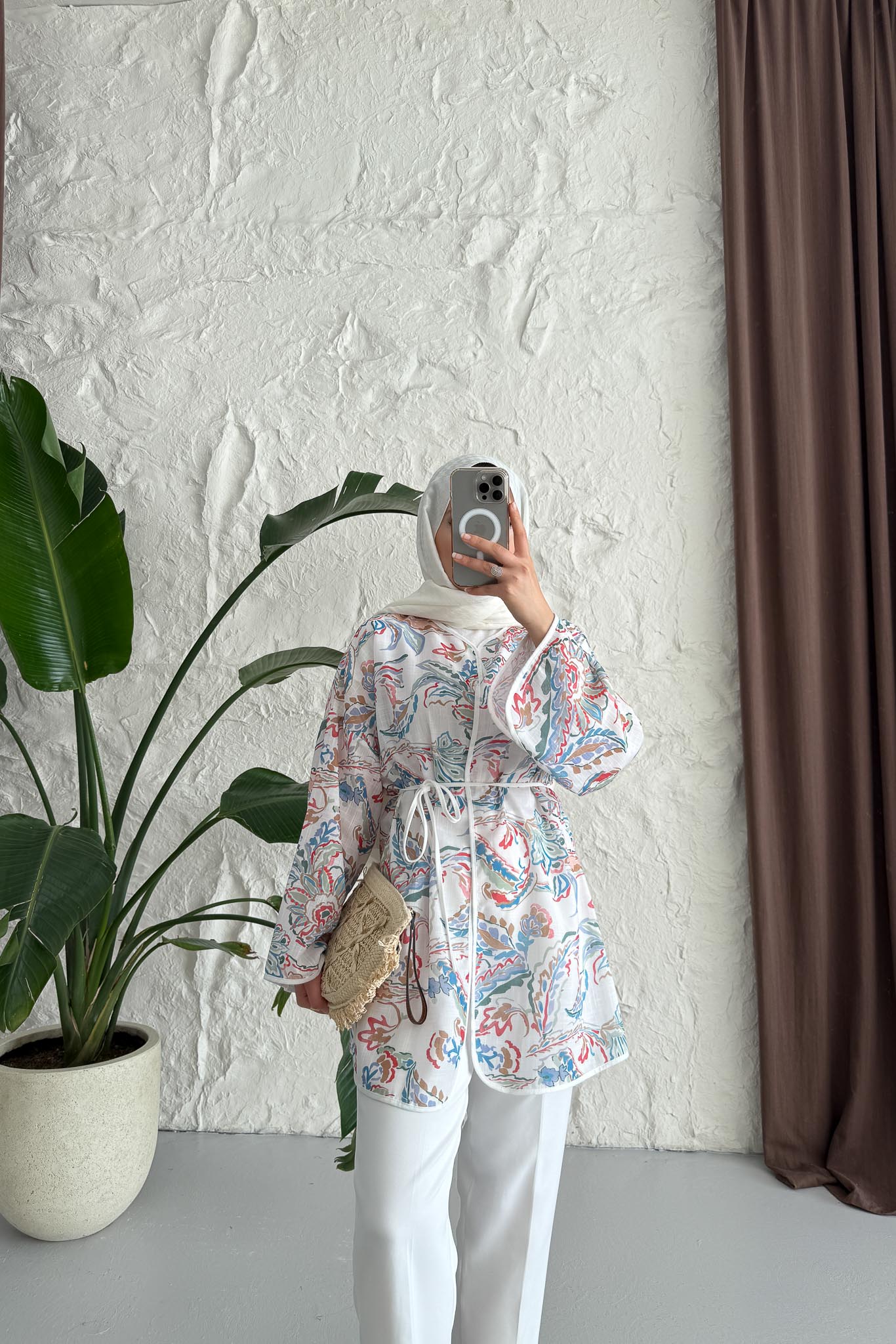 Hamim Desenli Gömlek Kimono Beyaz