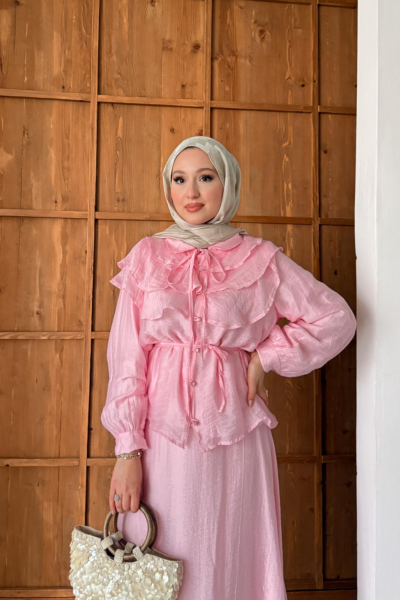 Katlı Yakalı Takım Pembe
