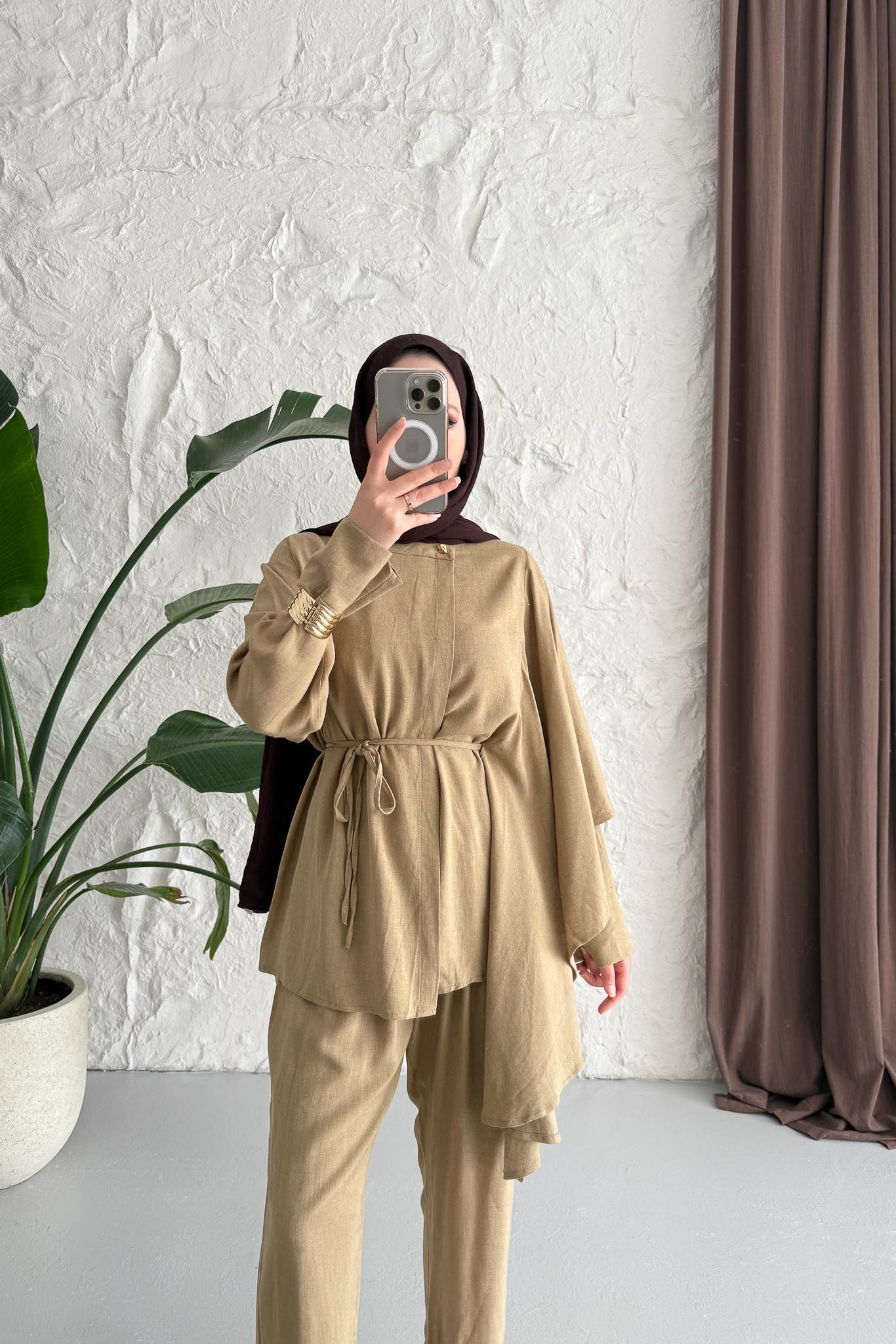 Şallı Keten Takım Camel