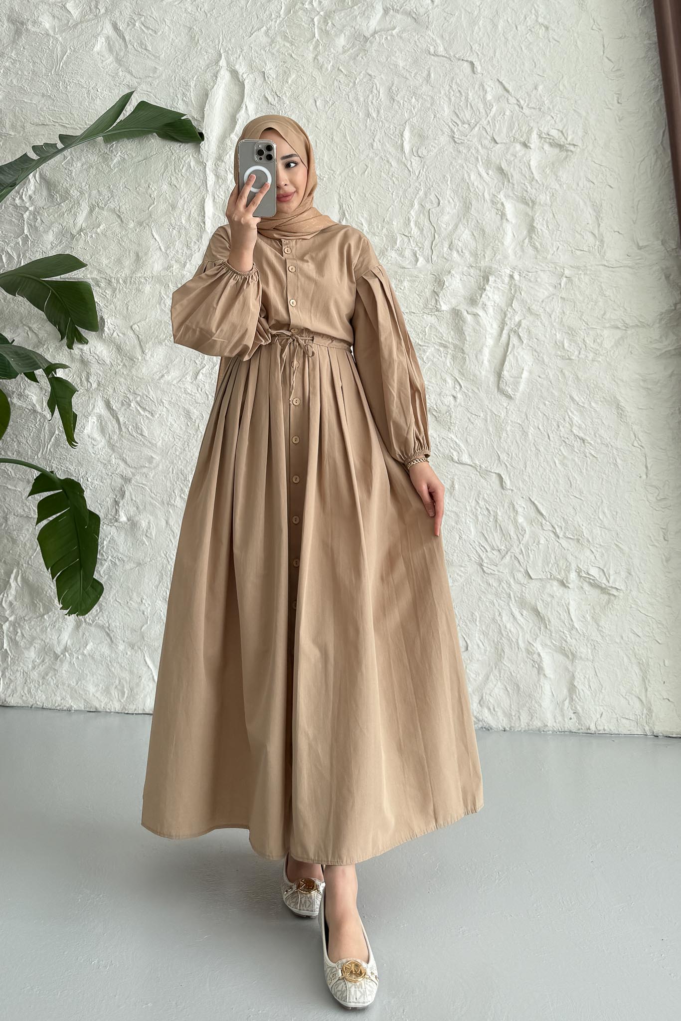 Mendy Pile Detaylı Elbise Camel