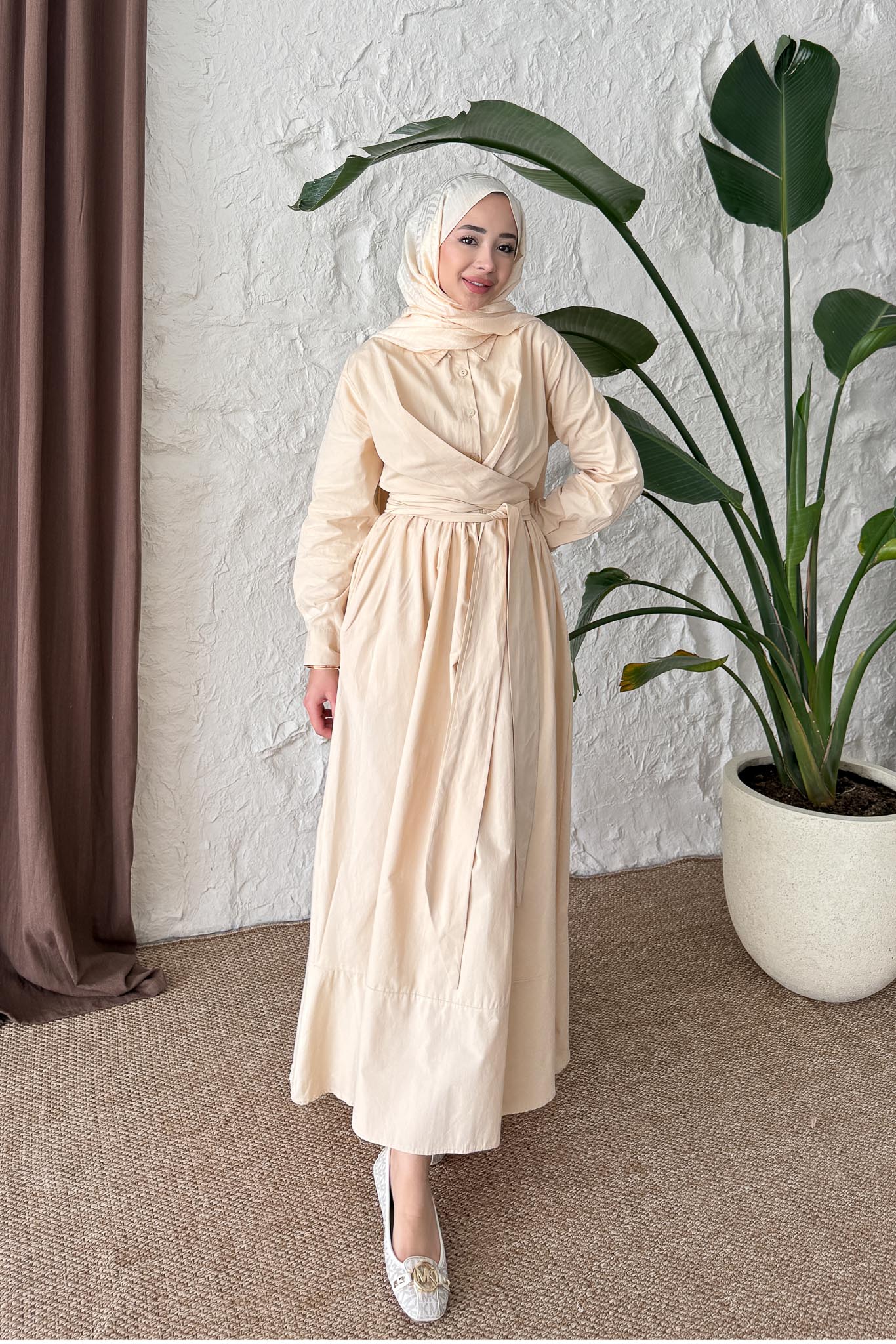 Live Belden Bağlamalı Elbise Bej