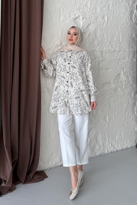 Yaprak Dokulu Gömlek Ekru