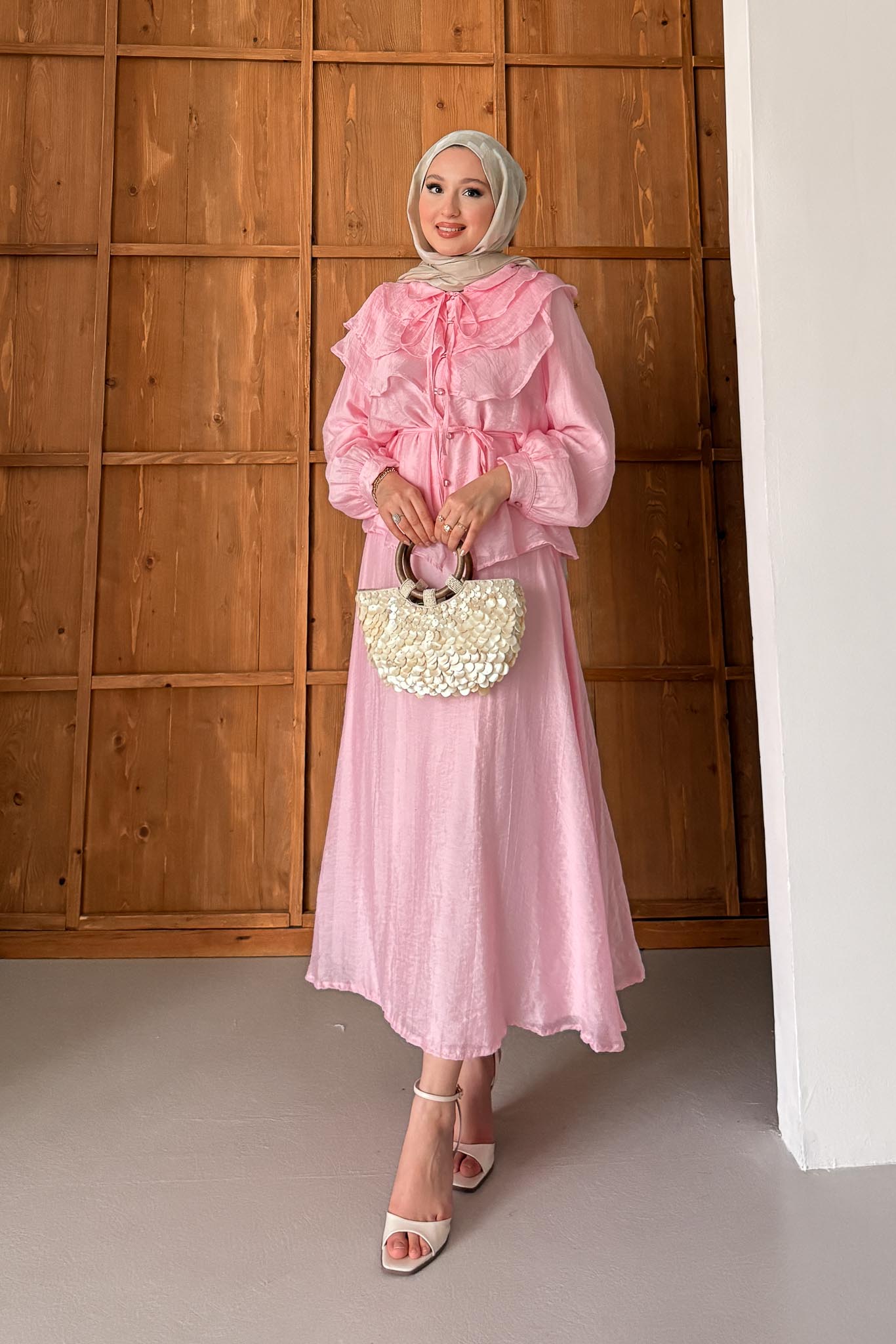 Katlı Yakalı Takım Pembe