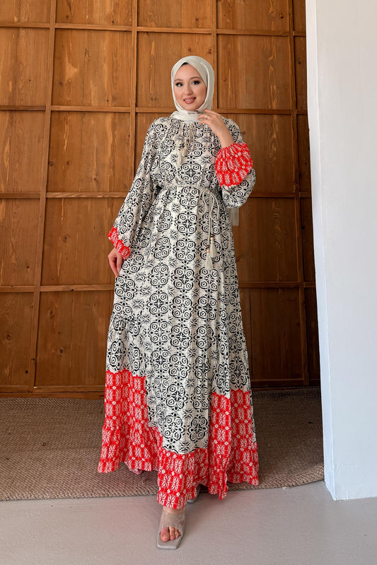 Dama Desenli Elbise Turuncu