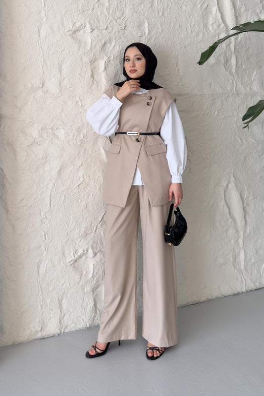 Karen Çift Düğmeli Takım Bej