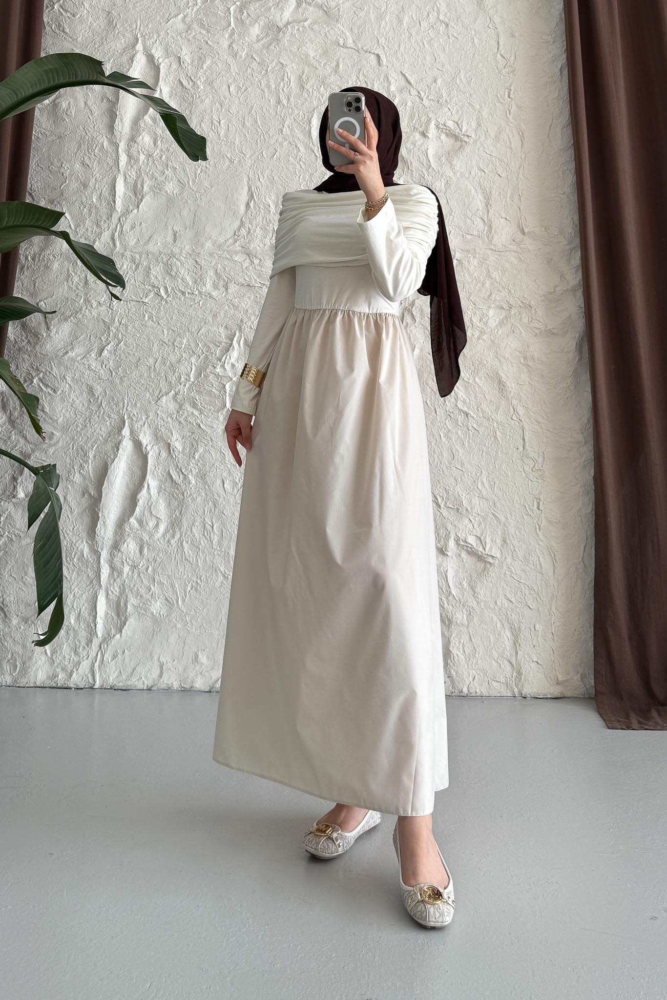 Rüya Büzgülü Elbise Bej