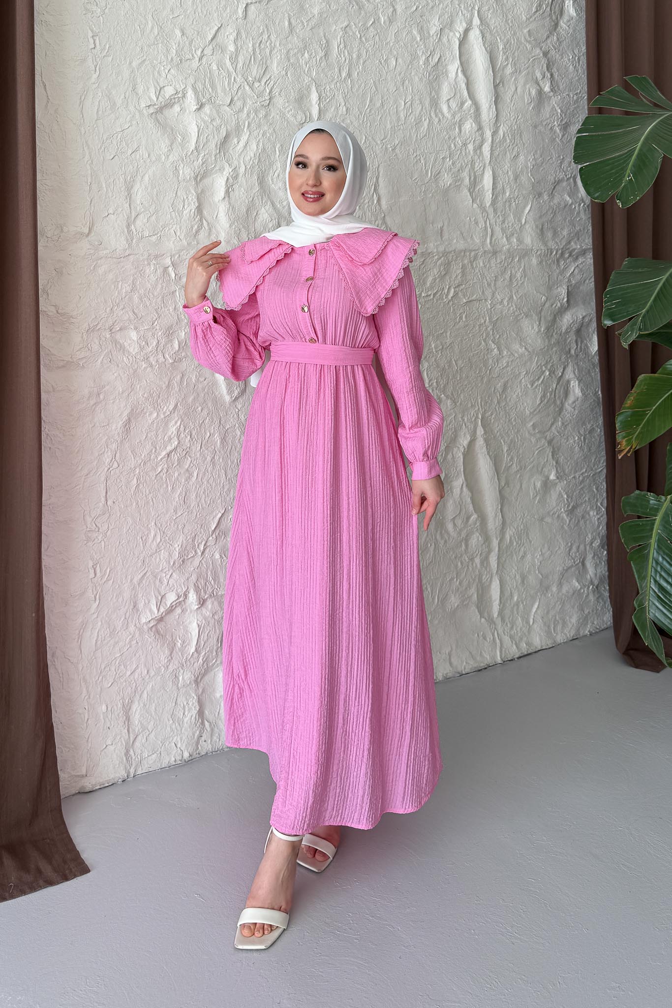 Çift Yakalı Elbise Pembe