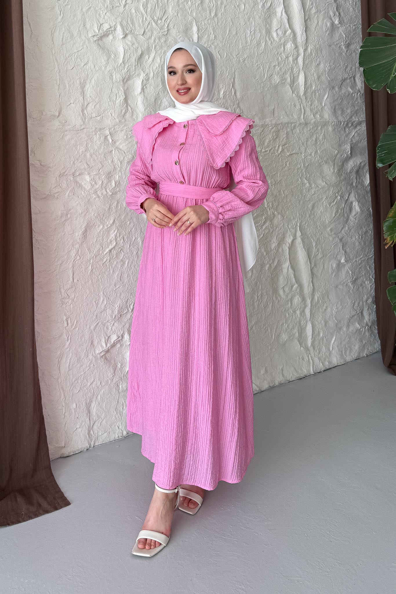 Çift Yakalı Elbise Pembe