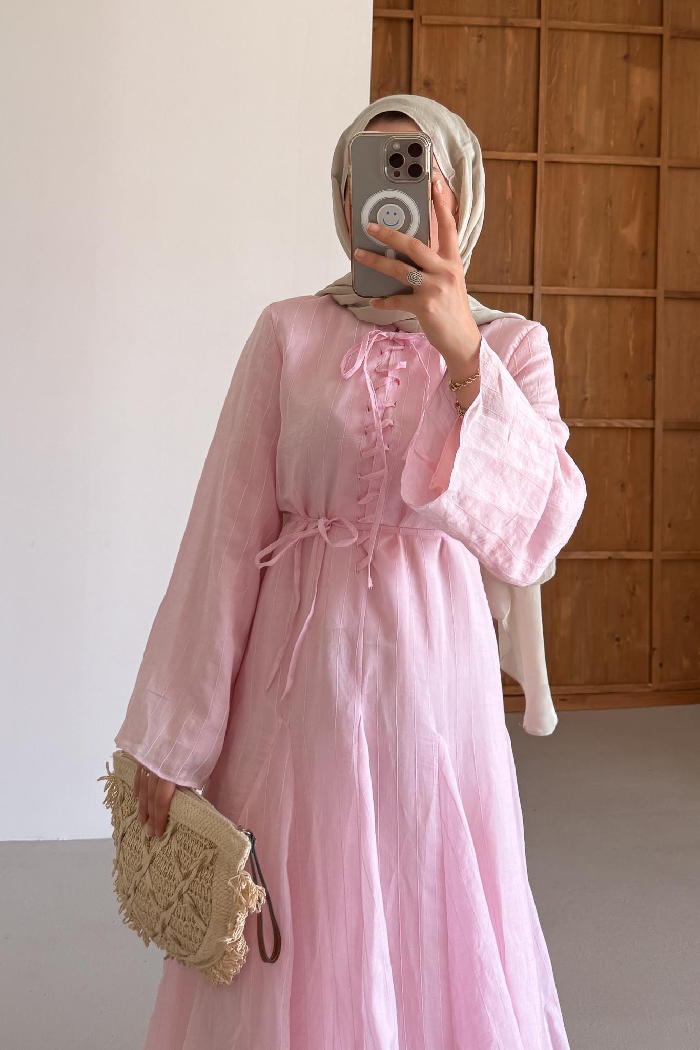 Fular Bağlamalı Elbise Pembe