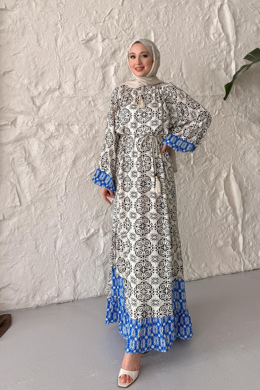 Dama Desenli Elbise Mavi