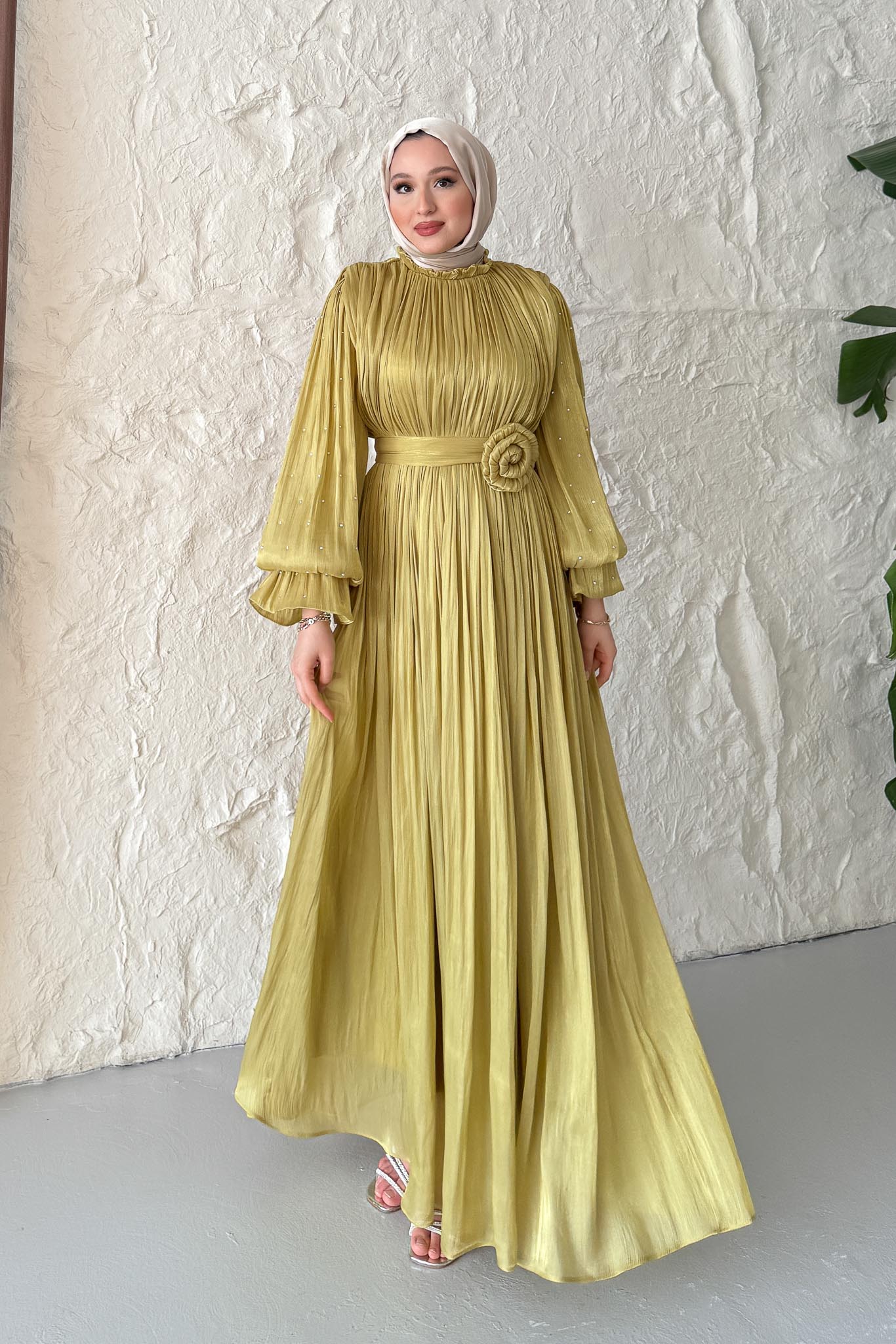 Maria İpek Taşlı Elbise Yağ Yeşili