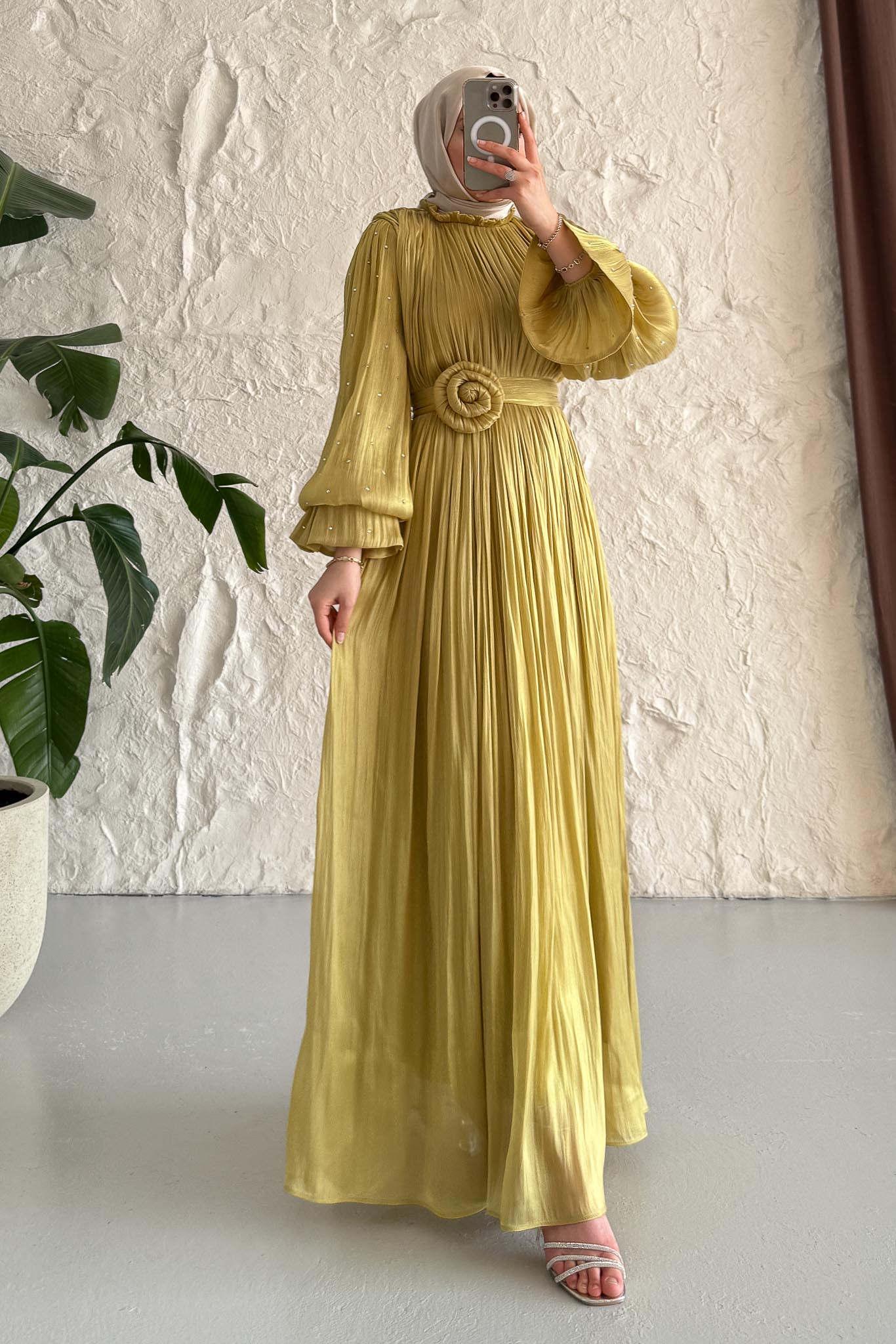 Maria İpek Taşlı Elbise Yağ Yeşili
