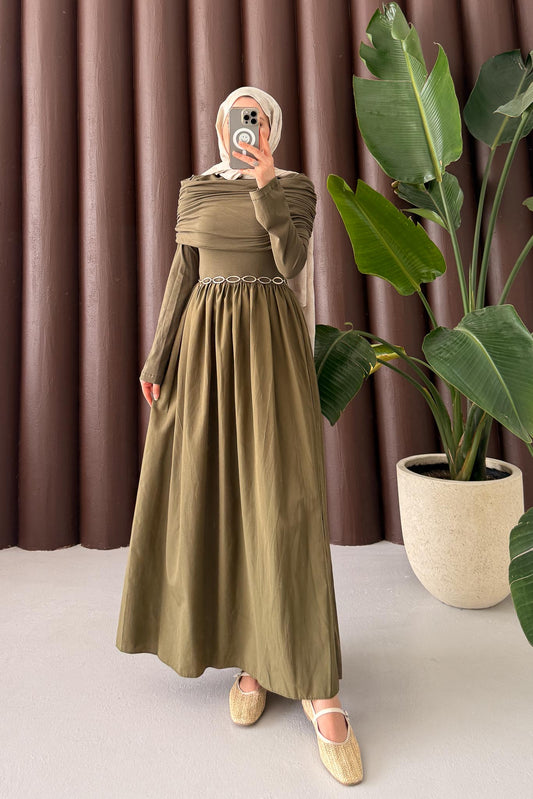 Rüya Büzgülü Elbise Haki