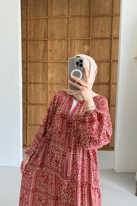 Etnik Yaprak Desenli Elbise