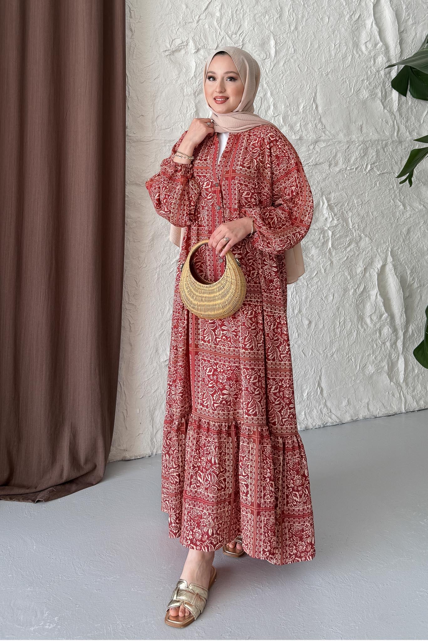 Etnik Yaprak Desenli Elbise