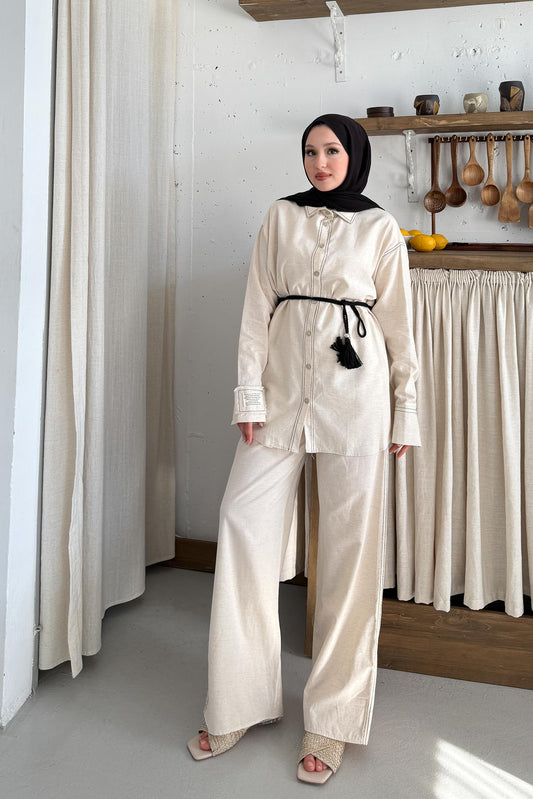 Düğmeli Keten Takım Bej