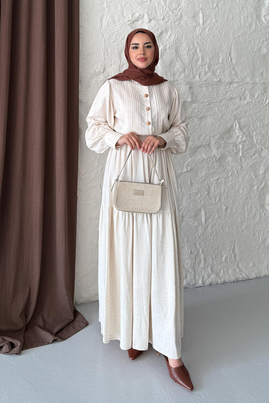 Keten Broş Düğmeli Elbise Taş