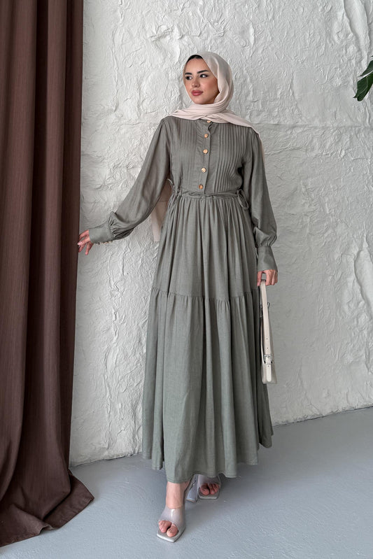 Keten Broş Düğmeli Elbise Su Yeşili