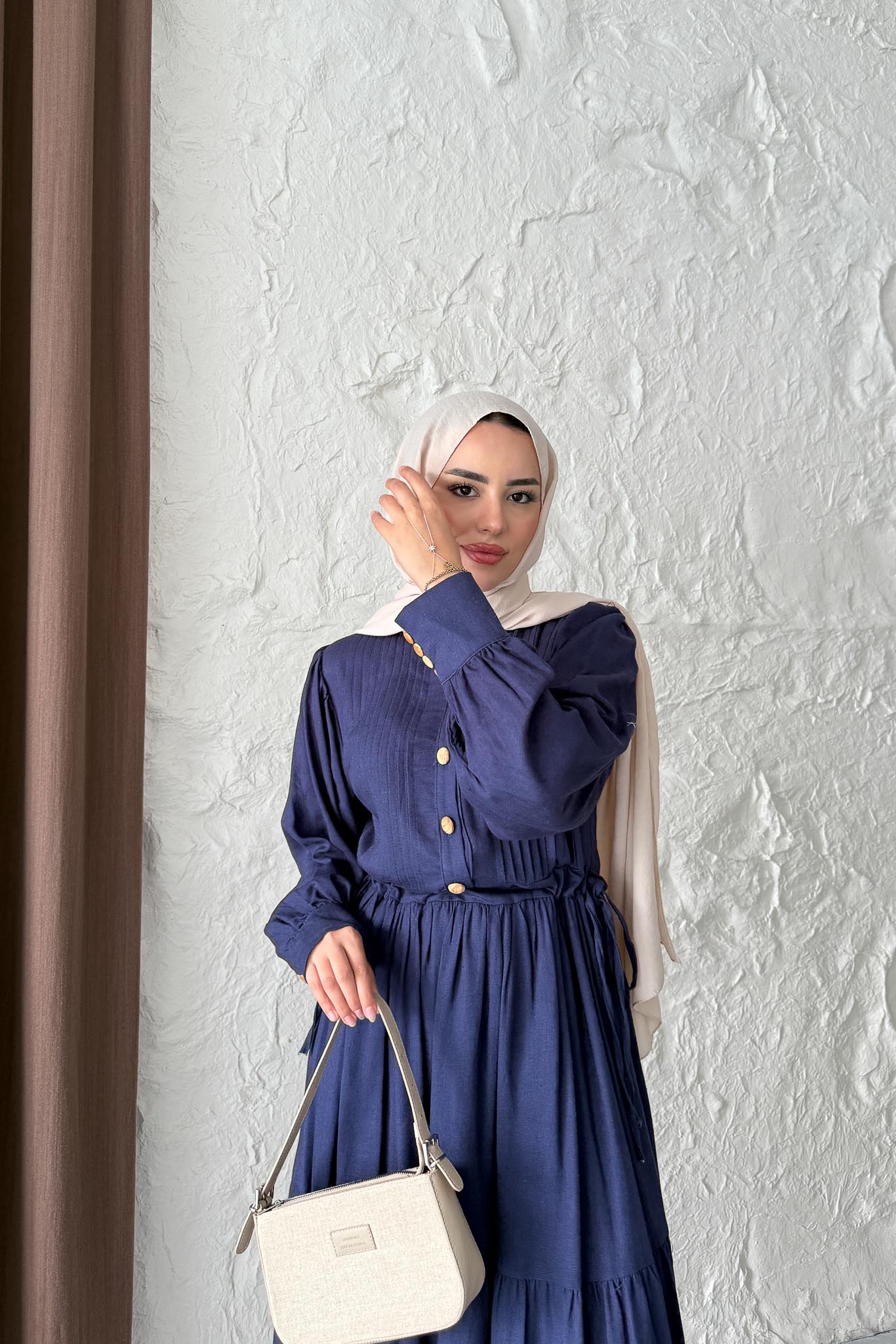 Keten Broş Düğmeli Elbise Lacivert