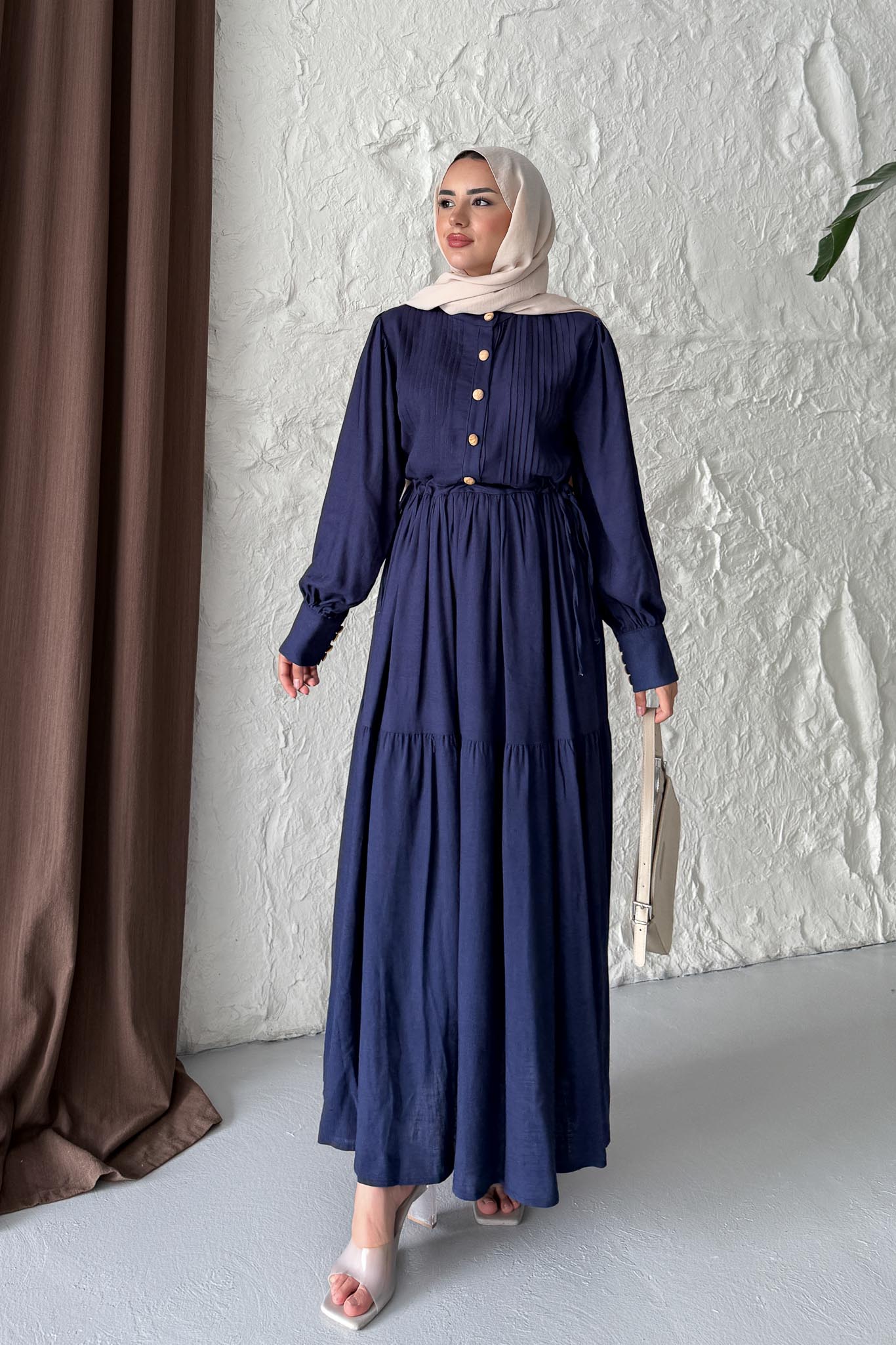 Keten Broş Düğmeli Elbise Lacivert