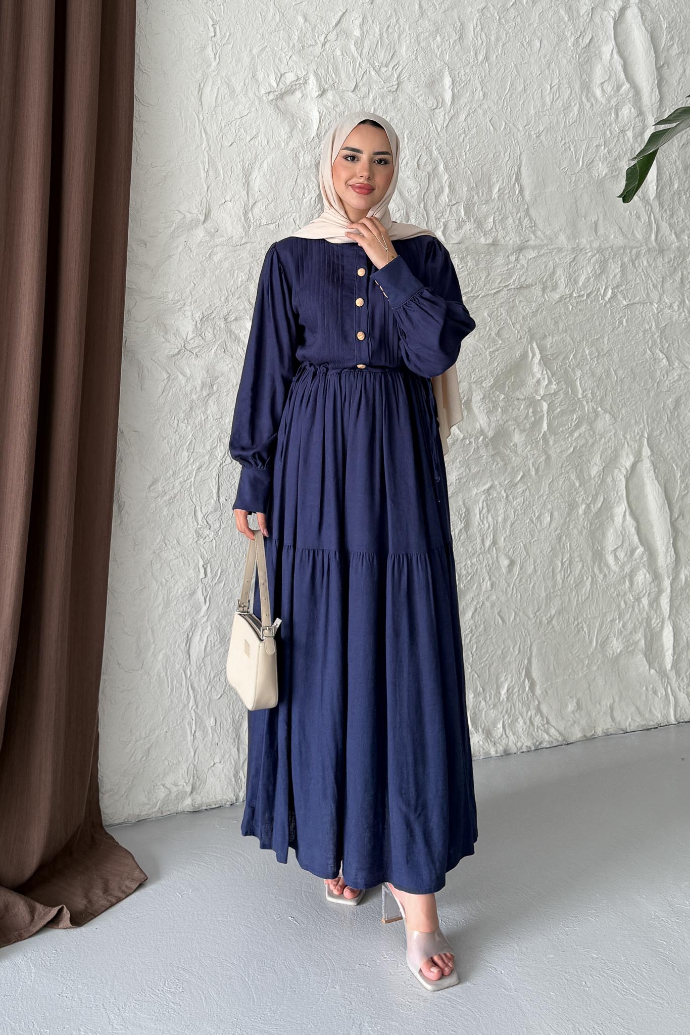 Keten Broş Düğmeli Elbise Lacivert