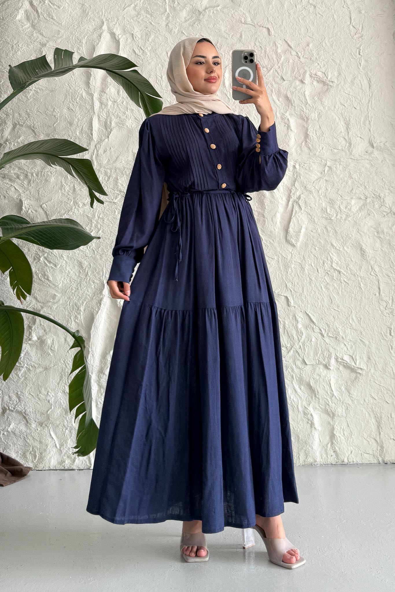 Keten Broş Düğmeli Elbise Lacivert