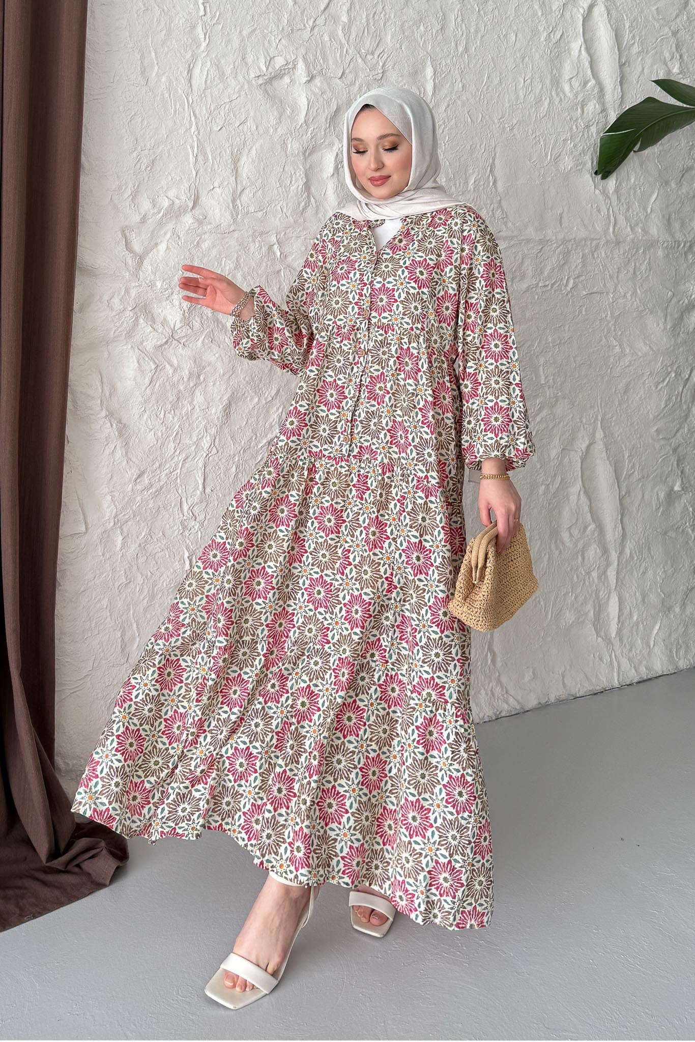 Prizma Desenli Elbise Fuşya