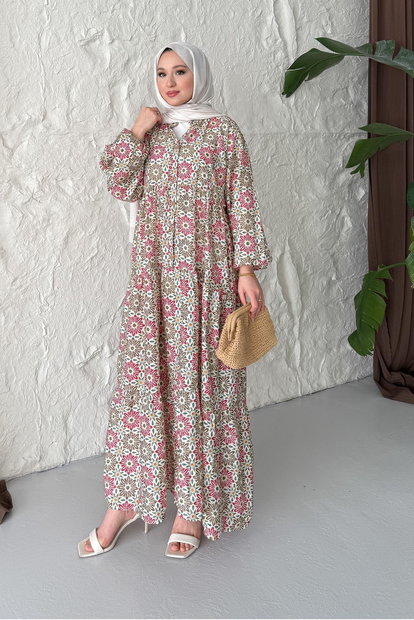 Prizma Desenli Elbise Fuşya