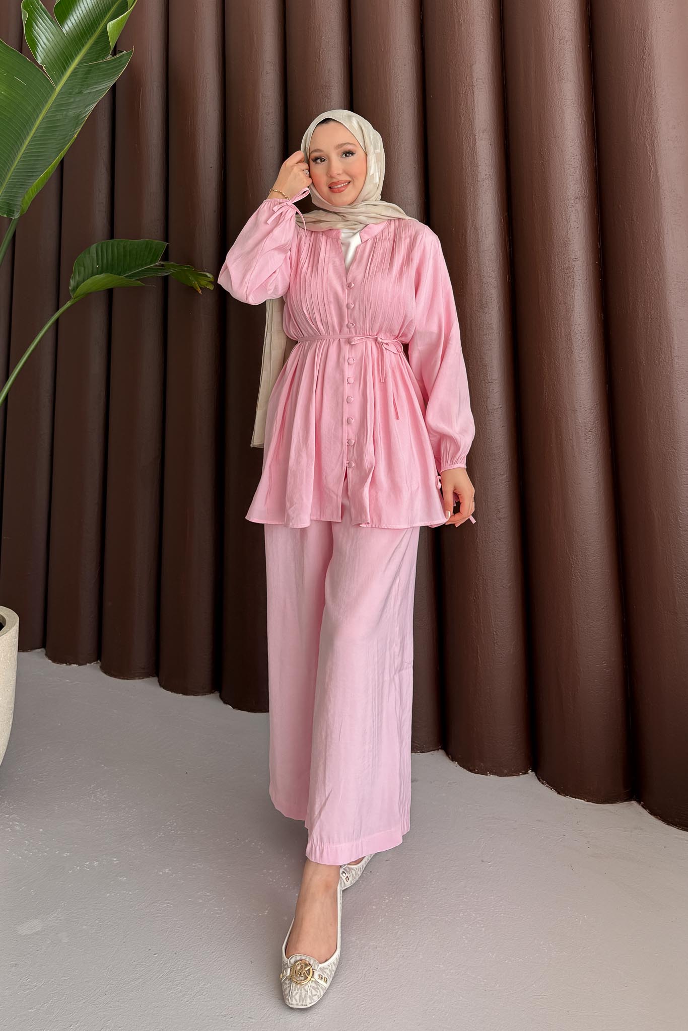 Micro Düğmeli Takım Pembe